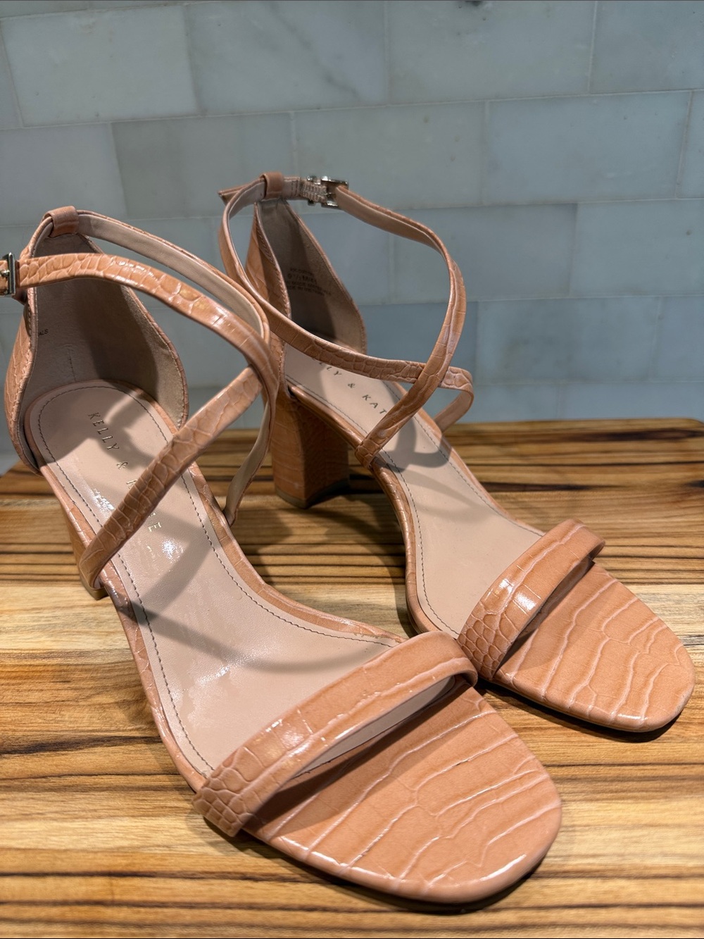 Kelly & Katie Croc-Embossed Peachy Tan Block Heel Sandals